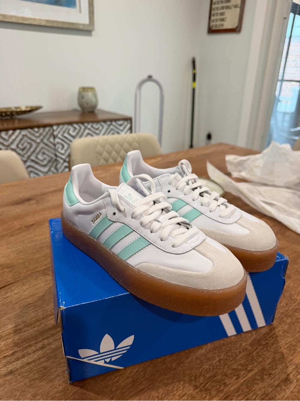 Adidas SambaE J Platform White with Mint Stripes